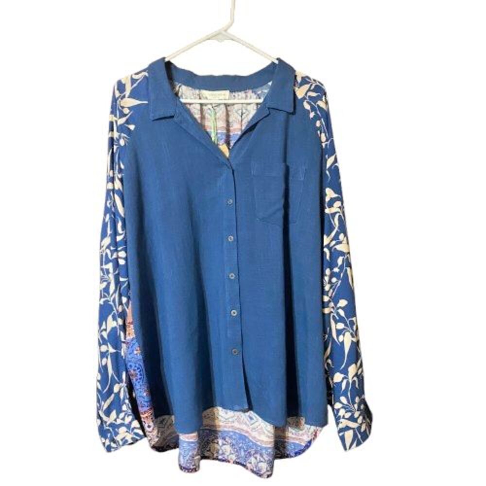 Umgee Blue Linen Multi Print Womens Button Up Size 1XL Long Sleeve New With Tags